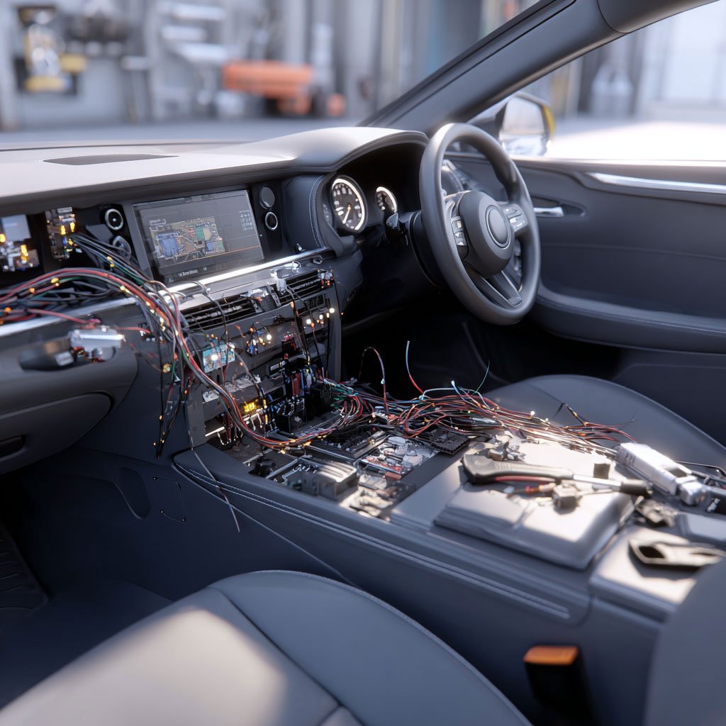 A modified car with aftermarket audio and 360° cameras protected by a LILEAD battery disconnect switch