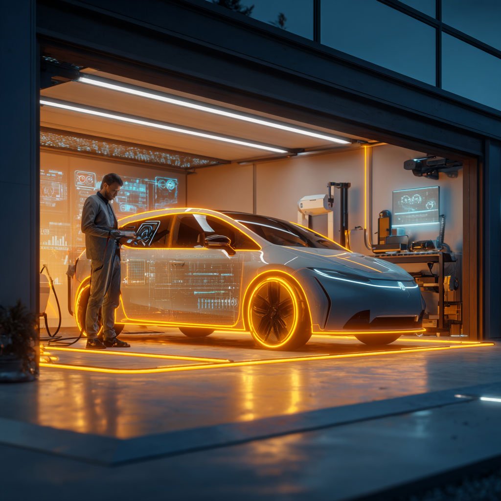 A person standing beside a car wrapped in electric energy effects