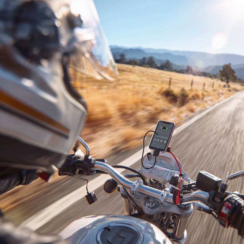 Charging a smartphone with a portable battery charger while riding outdoors